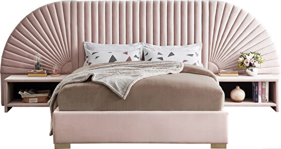Elegant channel tufted radial design velvet king bed in pink