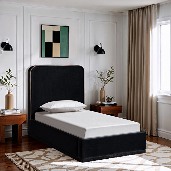 Black fabric upholstered twin bed w/ walnut wood base
