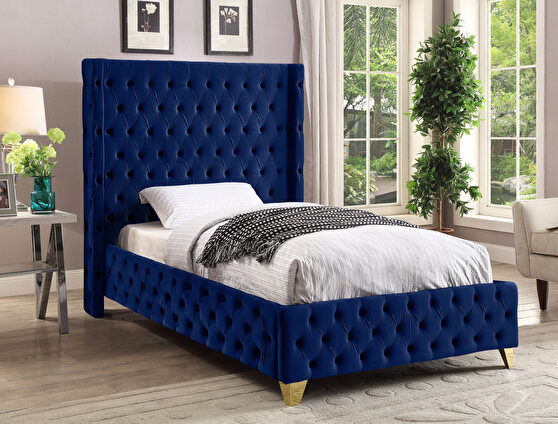 Navy blue velvet deep button tufted velvet fabric twin bed