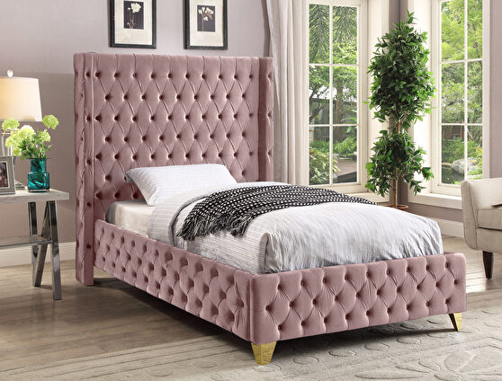 Pink velvet deep button tufted velvet fabric twin bed
