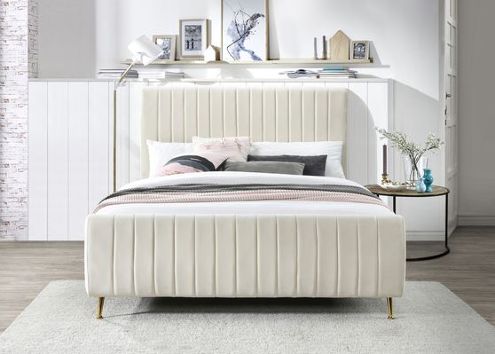 Contemporary cream velvet king bed w/ channel tufting