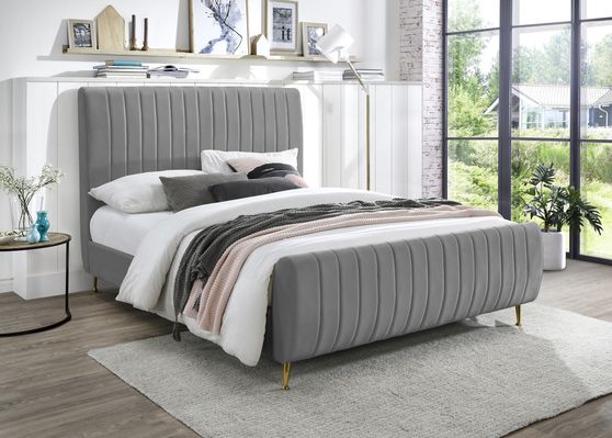 Contemporary gray velvet bed w/ channel tufting