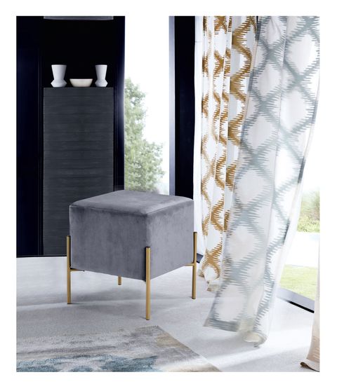 Square gray velvet ottoman on golden legs