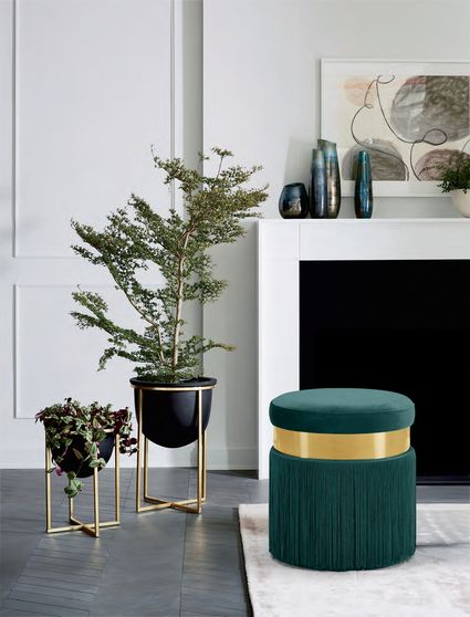 Green velvet contemporary ottoman w/ gold stripe