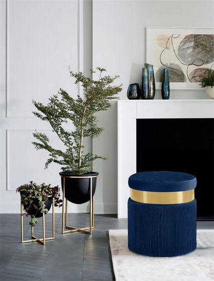 Navy velvet contemporary ottoman w/ gold stripe