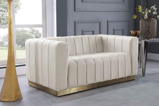 Low-profile contemporary velvet lovseat in cream