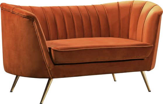 Curved orange cognac velvet fabric loveseat w/ gold legs