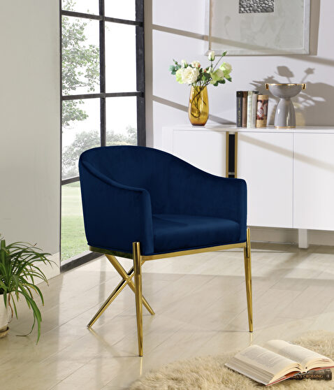 Elegant x-cross gold legs chair in navy blue velvet