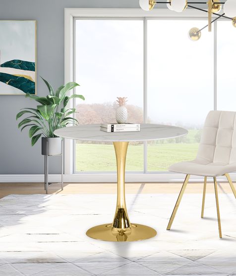 White / glass round marble top / gold base dining table