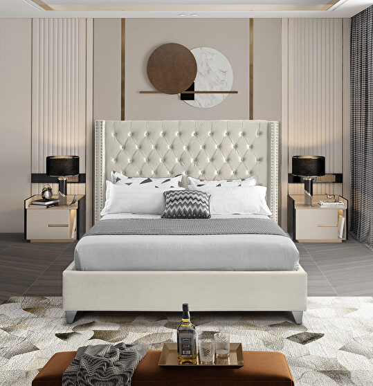 Modern tufted headboard cream fabric king bed