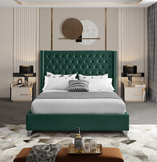 Modern tufted headboard green fabric king bed