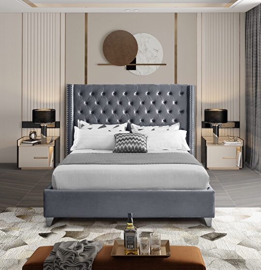 Modern tufted headboard gray fabric king bed