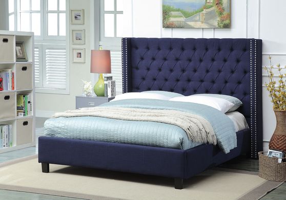 Navy linen fabric tufted headboard design king bed
