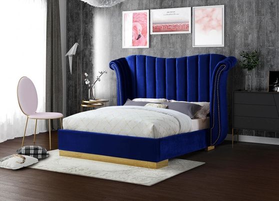 Wing design navy velvet elegant platform king bed