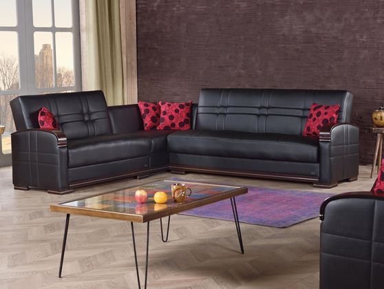 Casual style black leatherette sectional w/ storage