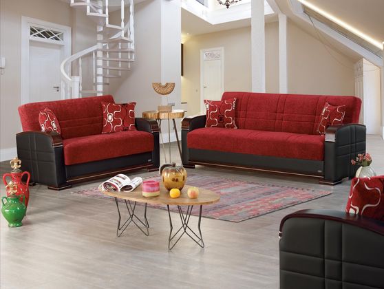 Passion red fabric / black leatherette sofa w/ storage