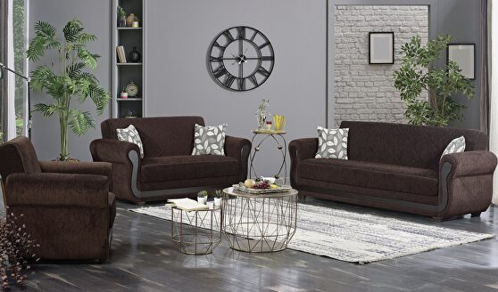 Classic touch sofa bed w/ wooden accents in brown