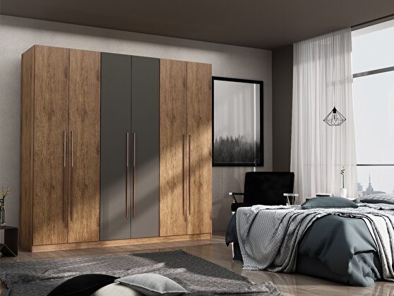 Modern freestanding wardrobe armoire closet in nature and textured gray