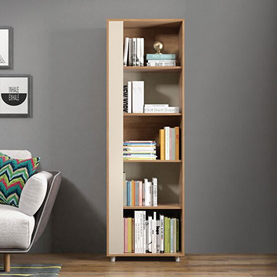 Mid-century- modern bookcase with 5 shelves in nature and off white