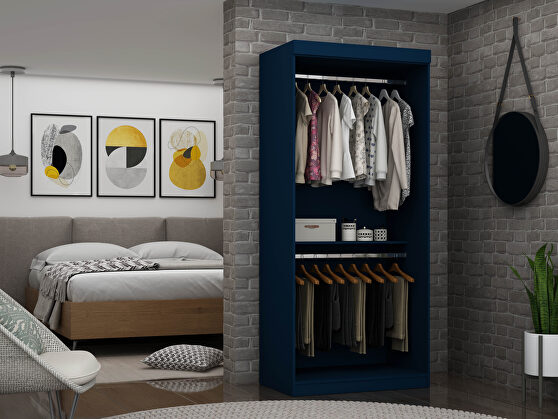 Open double hanging modern wardrobe closet with 2 hanging rods in tatiana midnight blue