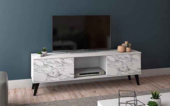 53.15 mid-century modern TV stand in white and marble stamp