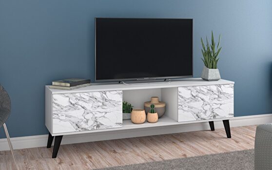 62.20 mid-century modern TV stand in white and marble stamp