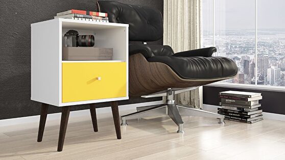 Liberty mid-century - modern nightstand 1.0 with 1 cubby space and 1 drawer in white and yellow with solid wood legs