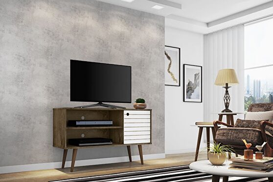 Liberty 42.52 mid-century - modern TV stand with 2 shelves and 1 door in rustic brown and white
