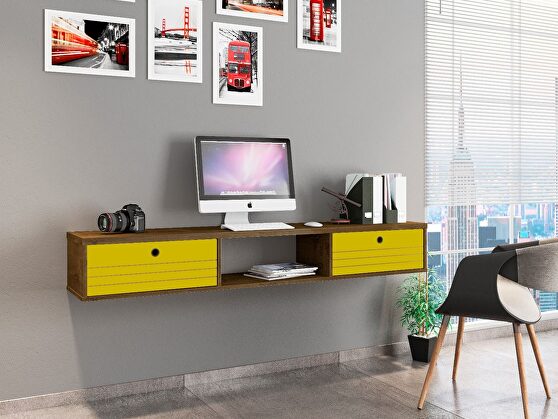 Liberty 62.99 mid-century modern floating office desk with 3 shelves in rustic brown and yellow