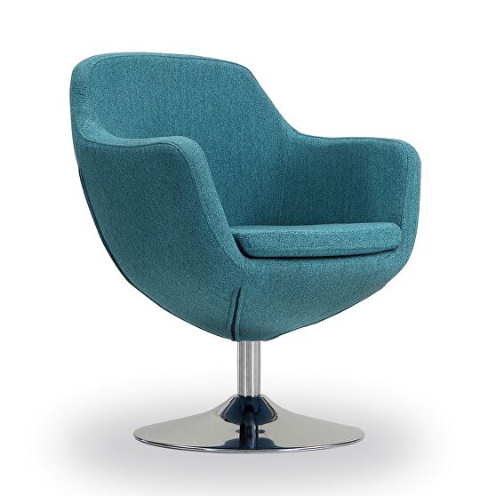 Blue and polished chrome twill swivel accent chair