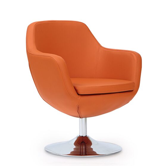 Orange and polished chrome faux leather swivel accent chair