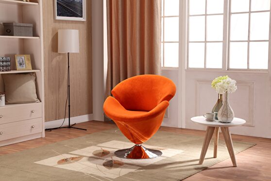 Orange and polished chrome velvet swivel accent chair