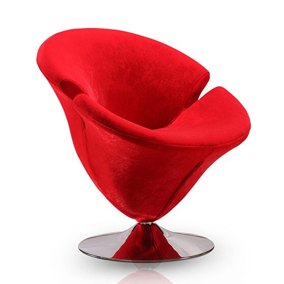 Red and polished chrome velvet swivel accent chair