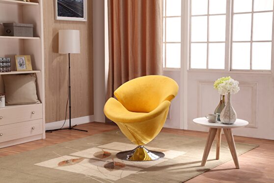 Yellow and polished chrome velvet swivel accent chair