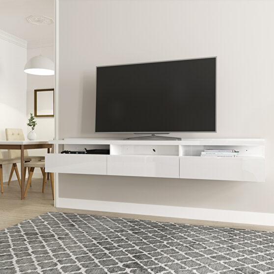 Half floating entertainment center with 3 drawers in white gloss