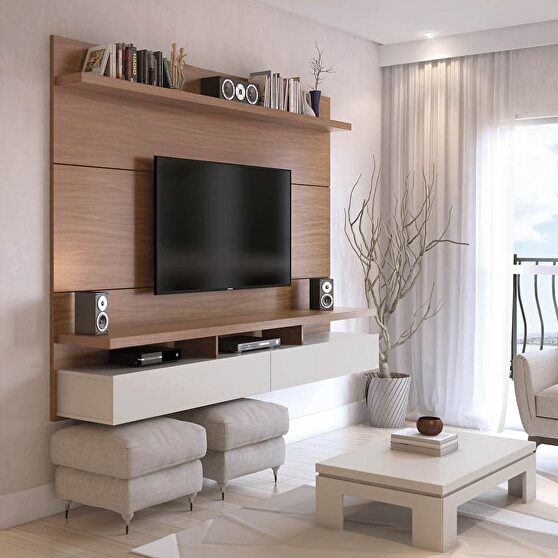 62.99 modern floating entertainment center with media shelves in maple cream and off white