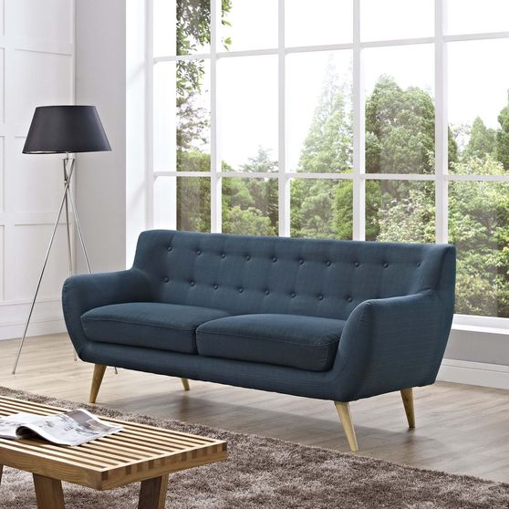 Mid-century style tufted retro couch in azure