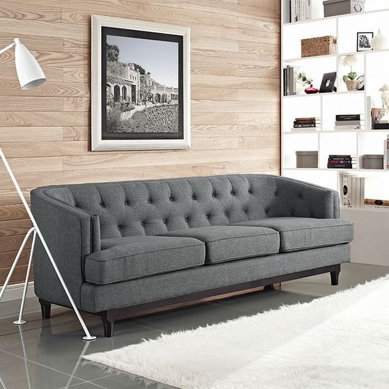 Tufted back mid-century style gray fabric sofa