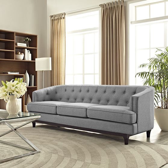 Tufted back mid-century style light gray fabric sofa