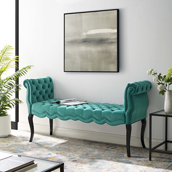 Chesterfield style button tufted performance velvet bench in teal