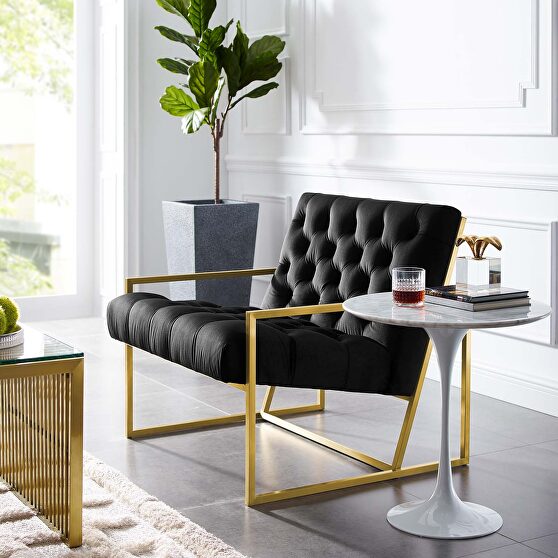 Gold stainless steel performance velvet accent chair in black