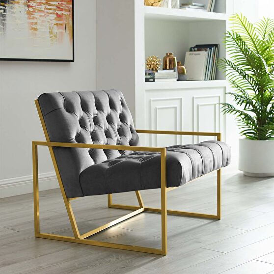Gold stainless steel performance velvet accent chair in gray