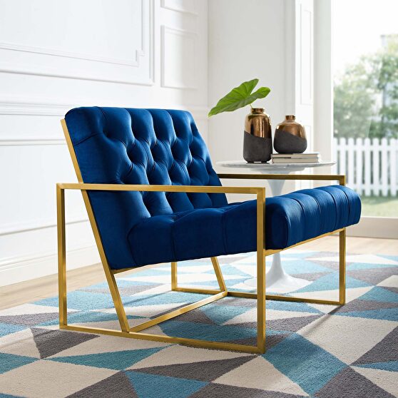 Gold stainless steel performance velvet accent chair in navy