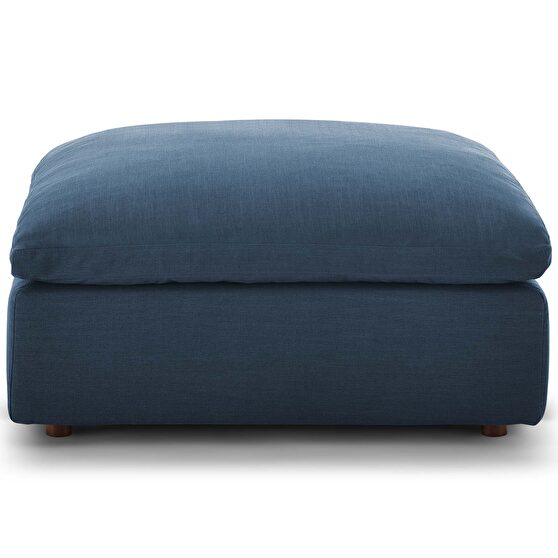 Down filled overstuffed ottoman in azure