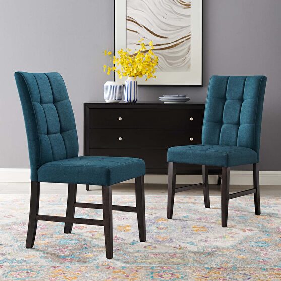 Biscuit tufted upholstered fabric dining chair set of 2 in blue