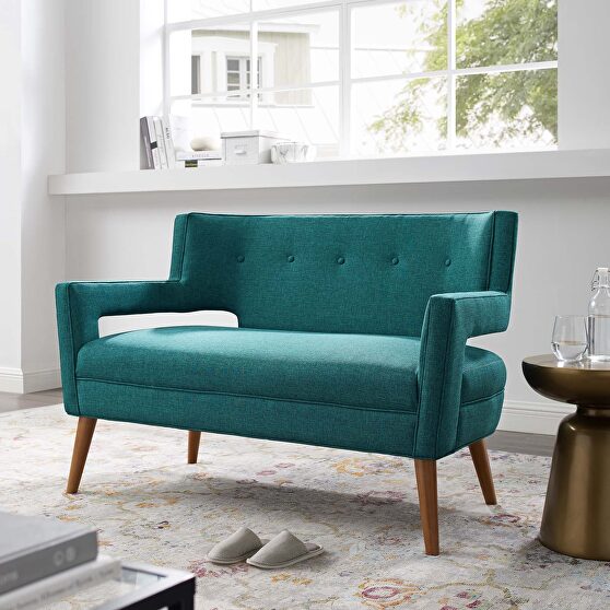 Upholstered fabric loveseat in teal