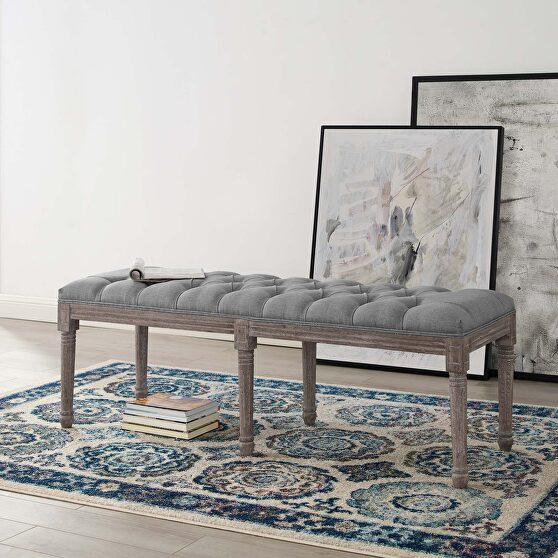 French vintage upholstered fabric bench in light gray