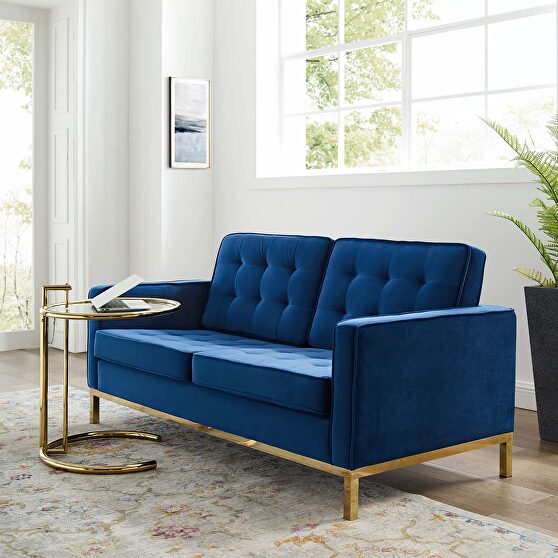 Gold stainless steel leg performance velvet loveseat in gold navy