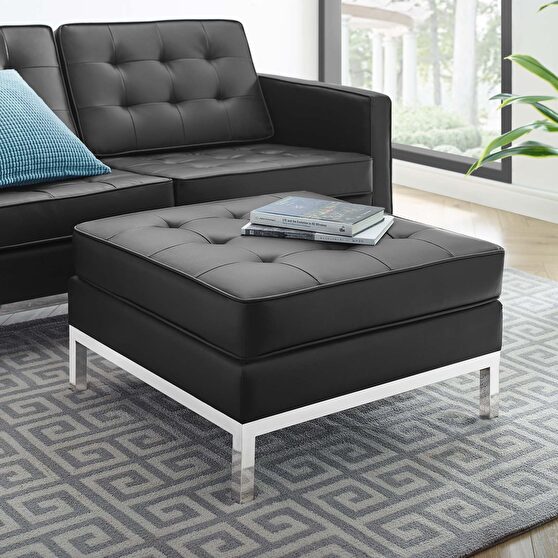 Tufted upholstered faux leather ottoman in silver black