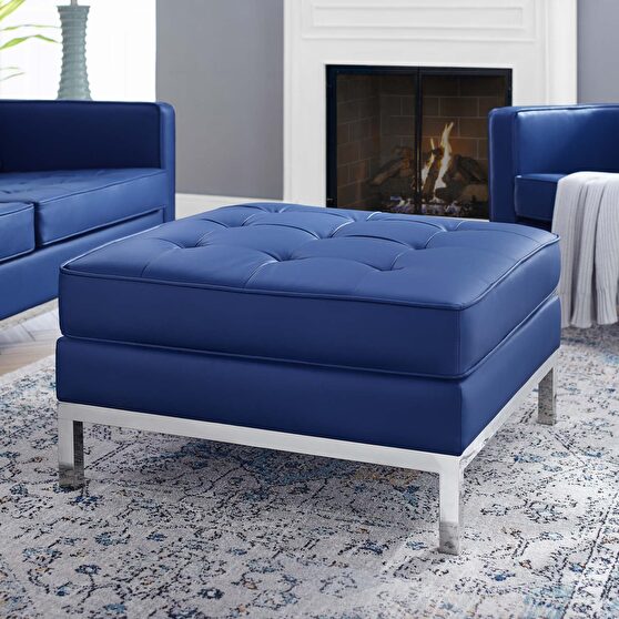 Tufted upholstered faux leather ottoman in silver navy